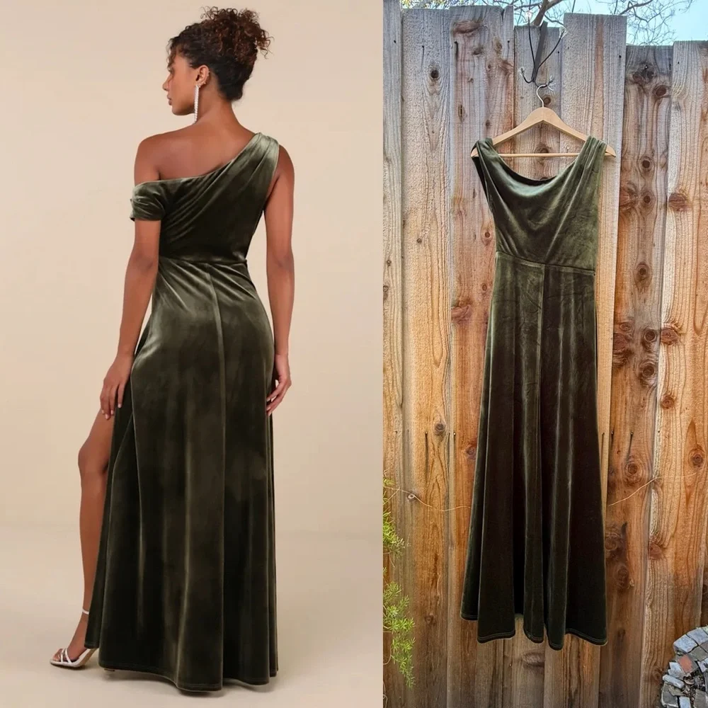 Olive Green Velvet Asymmetrical Cowl Maxi Dress 🌿 - Picture 4 of 9